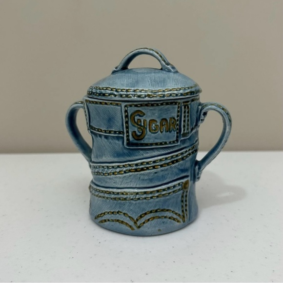 Vintage 1978 Ceramic Denim Blue Jean Creamer & Sugar Bowl w Lids Handmade RARE - Picture 3 of 12